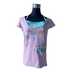 Vintage 90s Graphic Layered Halter Baby Tee Cotton Pink and Blue Y2K Style S/M